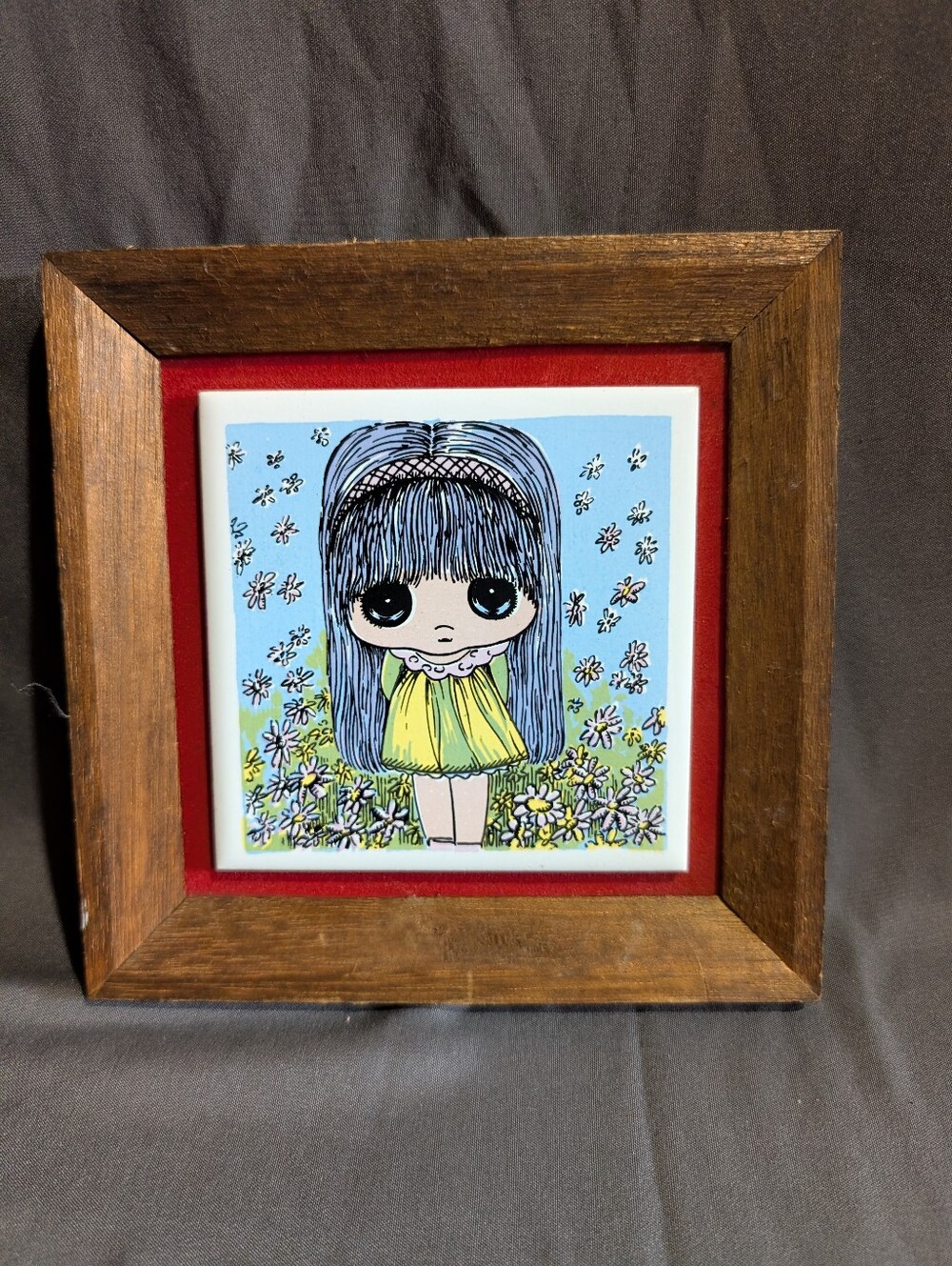 VTG Girl with Big Eyes tile art wall hanging or  shelf sitter